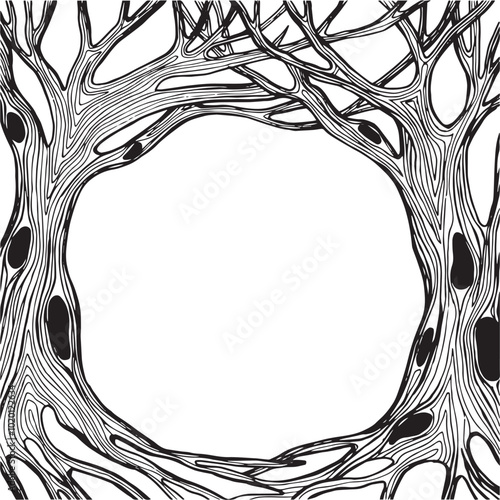 vector drawing, black and white magic forest frame. silhouette of a fabulous, magical forest. design for halloween. frame for cards, books