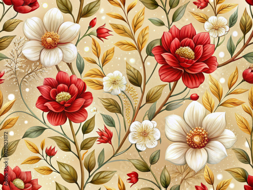 Wallpaper Mural Beautiful floral pattern featuring red and white flowers with twigs on golden background, creating vibrant and cheerful atmosphere Torontodigital.ca