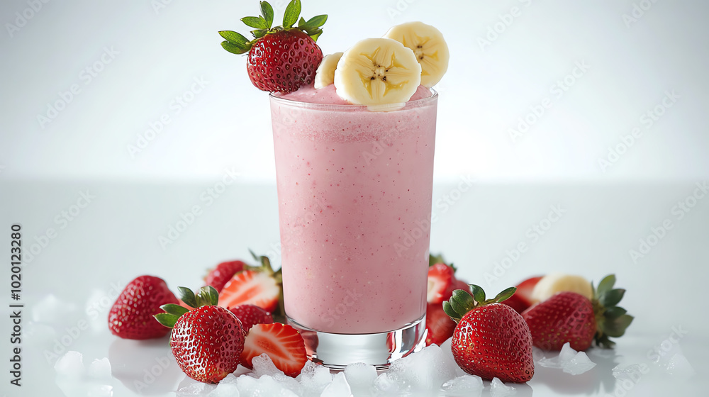 A refreshing strawberry banana smoothie served in a tall glass, adorned with fresh strawberries and banana slices, on a bed of ice.