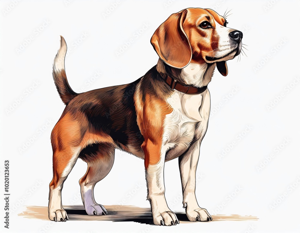 Curious beagle dog standing and looking away Curious beagle dog standing and looking away