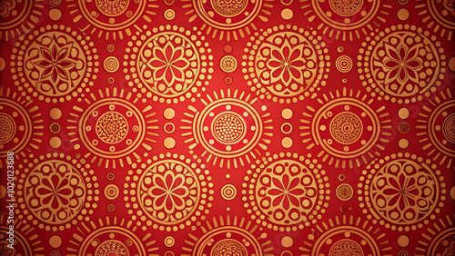 Vibrant red wallpaper featuring intricate circular patterns in gold, showcasing blend of traditional and modern design elements. This striking backdrop adds warmth and elegance to any space