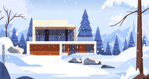 Modern house in snowy winter landscape with pine trees mountains and snowflakes falling