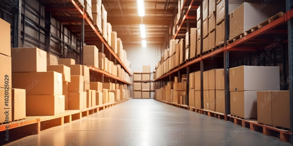 A large warehouse or storage facility with rows of shelves stocked with various products A large warehouse or storage facility with rows of shelves stocked with various products