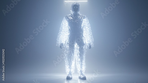 Futuristic Cyberpunk Halloween Runway Fashion: Fierce Model in LED Silver Jumpsuit with Sharp Angular Shapes