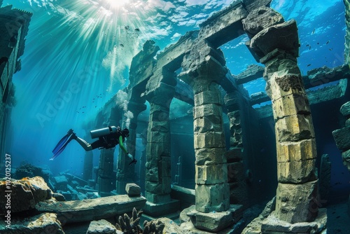 Wallpaper Mural A man is diving in a deep blue ocean with a large building in the background, generative ai image Torontodigital.ca