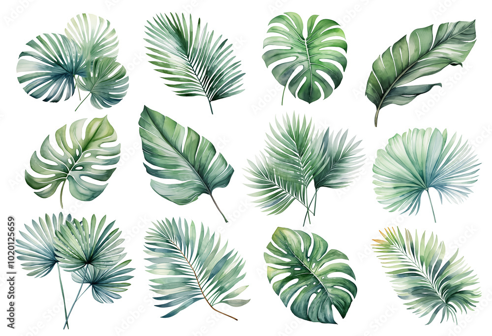 Fototapeta premium watercolor tropical monstera green leaves set hand drawn illustration