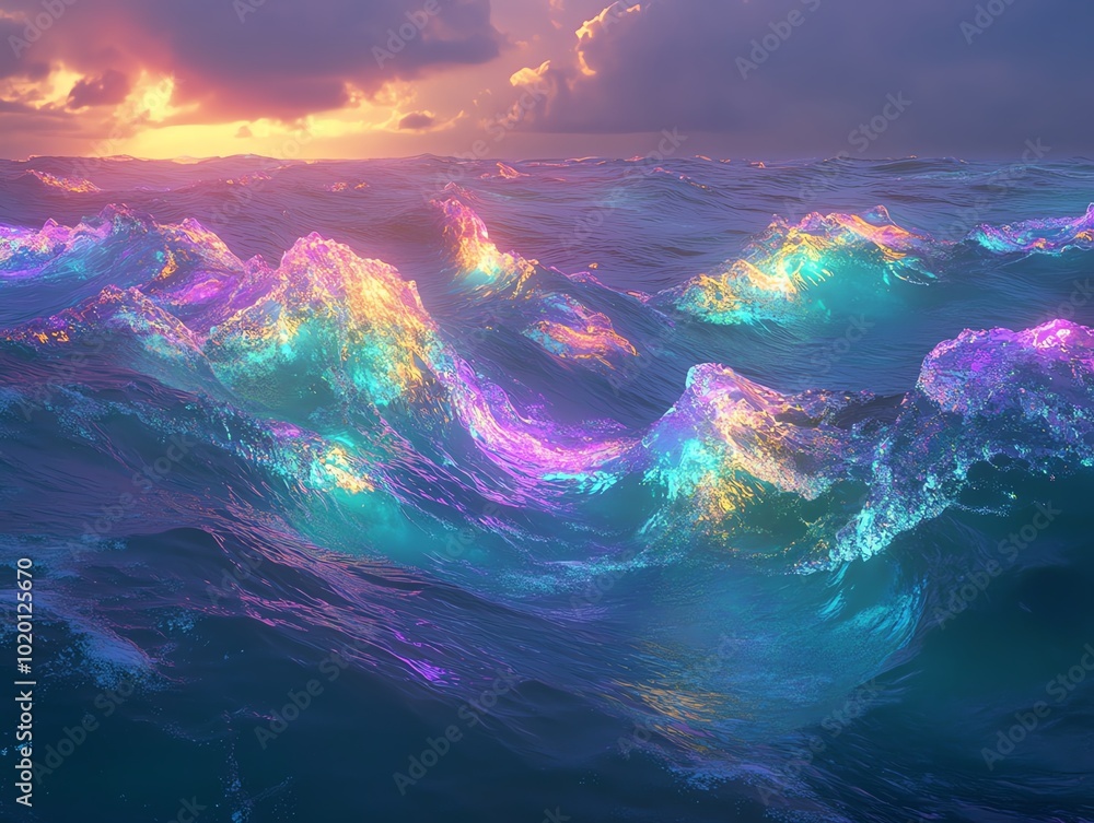 Create a hyperreal ocean scene where the waves dissolve into colorful, abstract glowing forms Create a hyperreal ocean scene where the waves dissolve into colorful, abstract glowing forms