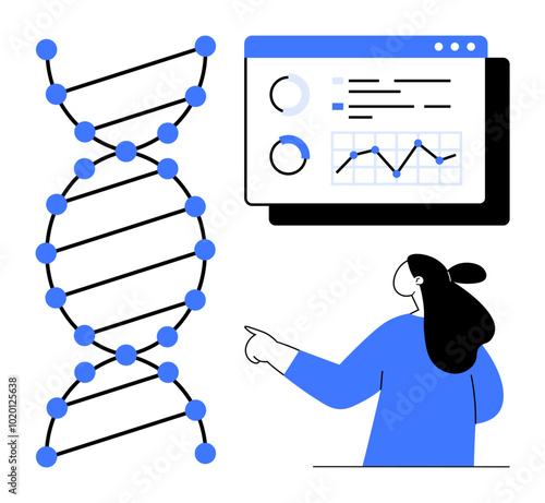 A female scientist points at a DNA helix with graphs and charts on a screen. Ideal for scientific research, genetic engineering, data analysis, biology education, and healthcare innovation. Simple