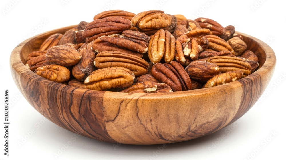A wooden bowl filled with pecans, showcasing their rich texture and color. A wooden bowl filled with pecans, showcasing their rich texture and color.