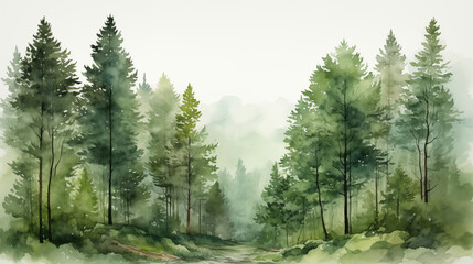 Watercolor card with Christmas tree and winter forest on a white background.
