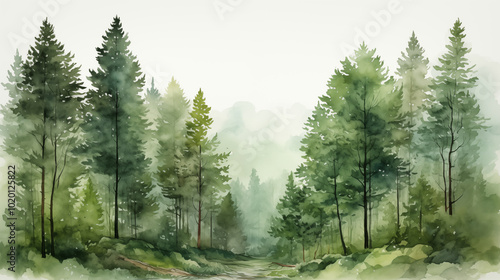 Fototapeta Naklejka Na Ścianę i Meble -  Watercolor card with Christmas tree and winter forest on a white background.