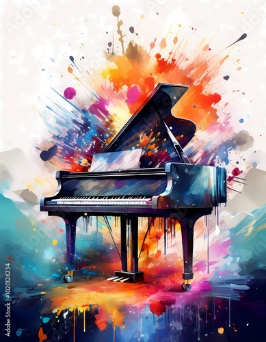 music-themed background featuring a piano and colorful abstract splashes, perfect for creative and artistic project