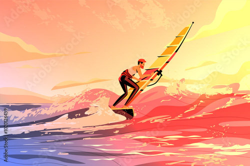 Windsurfer riding waves at sunset vibrant colors dynamic ocean scene sports adventure summer activity