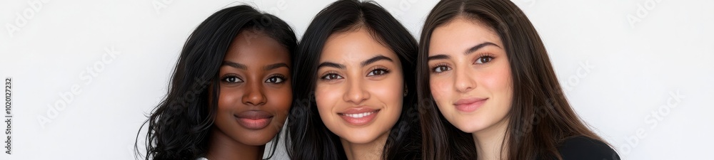 Portrait of Three Young Beautiful Multiracial Women Smiling Together on White Background Portrait of Three Young Beautiful Multiracial Women Smiling Together on White Background