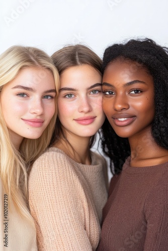 Portrait of Three Young Beautiful Multiracial Women Smiling Together on White Background