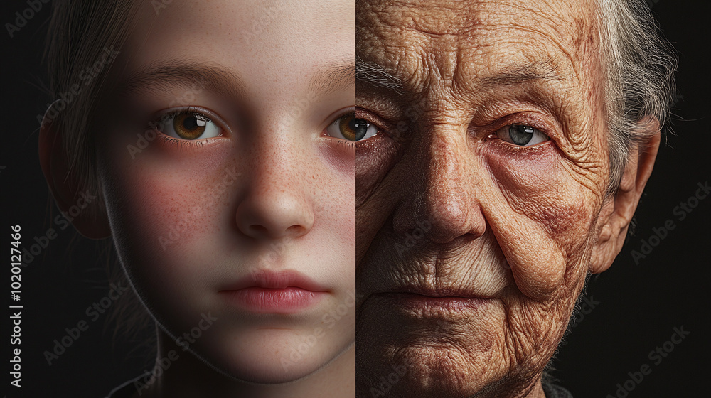 A side-by-side comparison of a young and an elderly face, highlighting the natural progression of aging over the years. A side-by-side comparison of a young and an elderly face, highlighting the natural progression of aging over the years.