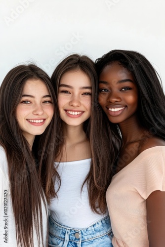 Portrait of Three Young Beautiful Multiracial Women Smiling Together on White Background