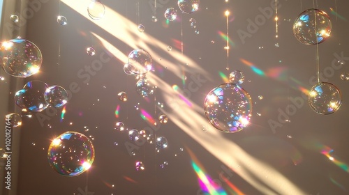 Endless Array of Floating Soap Bubbles with Colorful Refelections, Minimalist Abstract Art, Light Shining Through, Gray or Blue Background photo