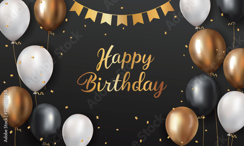 Happy birthday banner with 3d balloons and gold confetti on black background