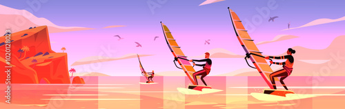 Windsurfers ocean waves sunset rocky cliffs birds colorful landscape active sport adventure tropical scenery