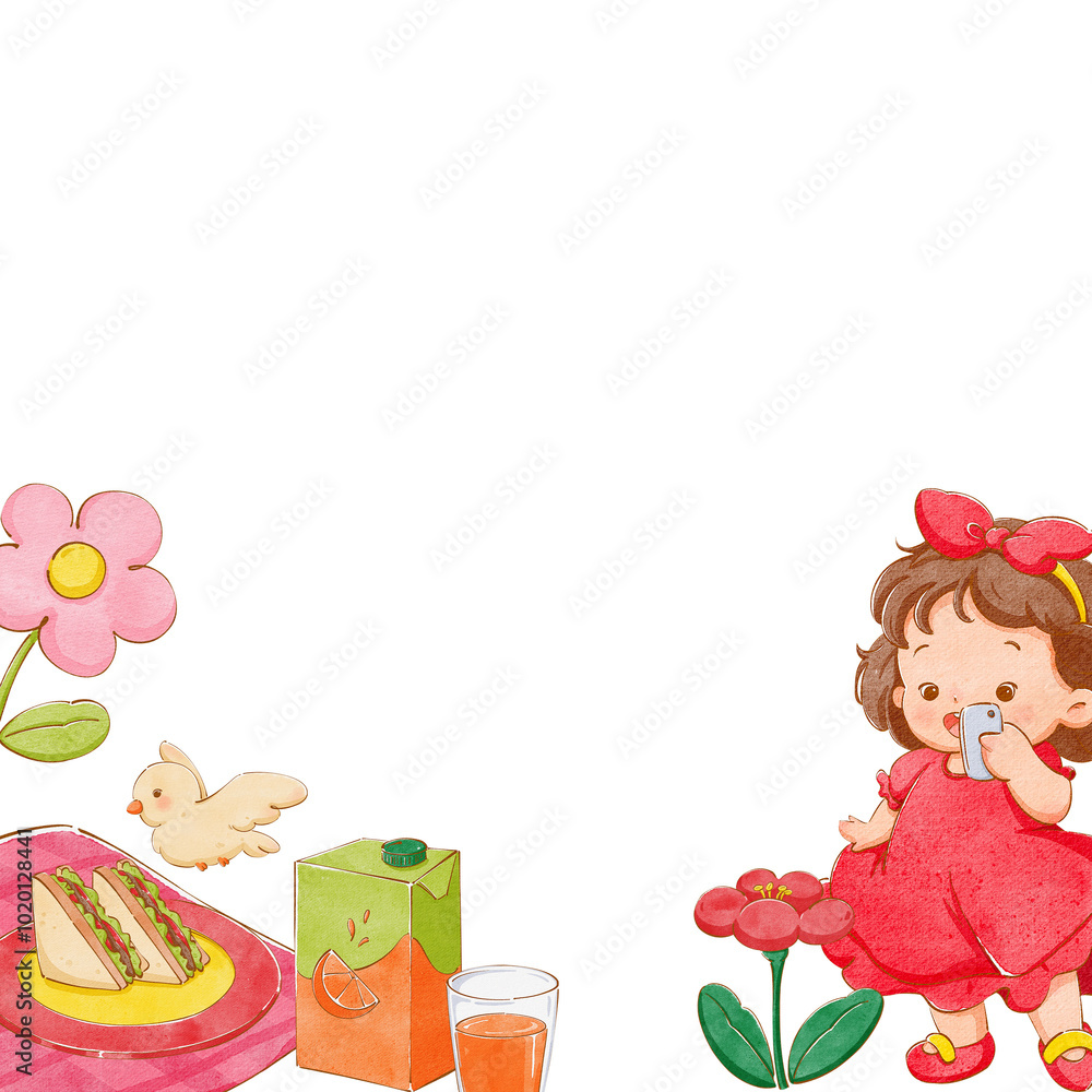 Obraz premium A girl in a red dress takes photos with her phone next to a picnic setup featuring sandwiches and orange juice, surrounded by flowers and birds, hand-drawn watercolor painting frame design