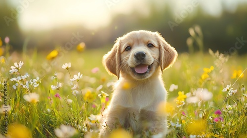 Cute puppy playing in a field of wildflowers, joyful expression