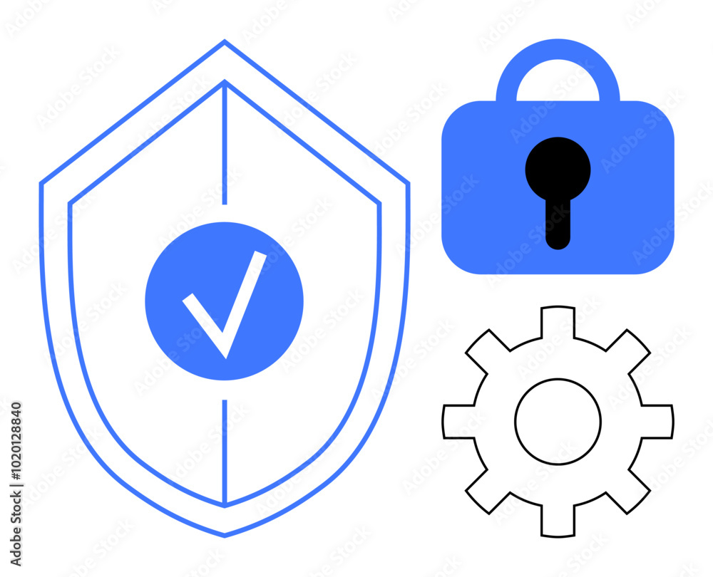 A shield with a checkmark, a padlock, and a gear symbol. Ideal for security, protection, privacy, technology, and configuration themes. Simple modern style with blue and black colours, vector A shield with a checkmark, a padlock, and a gear symbol. Ideal for security, protection, privacy, technology, and configuration themes. Simple modern style with blue and black colours, vector