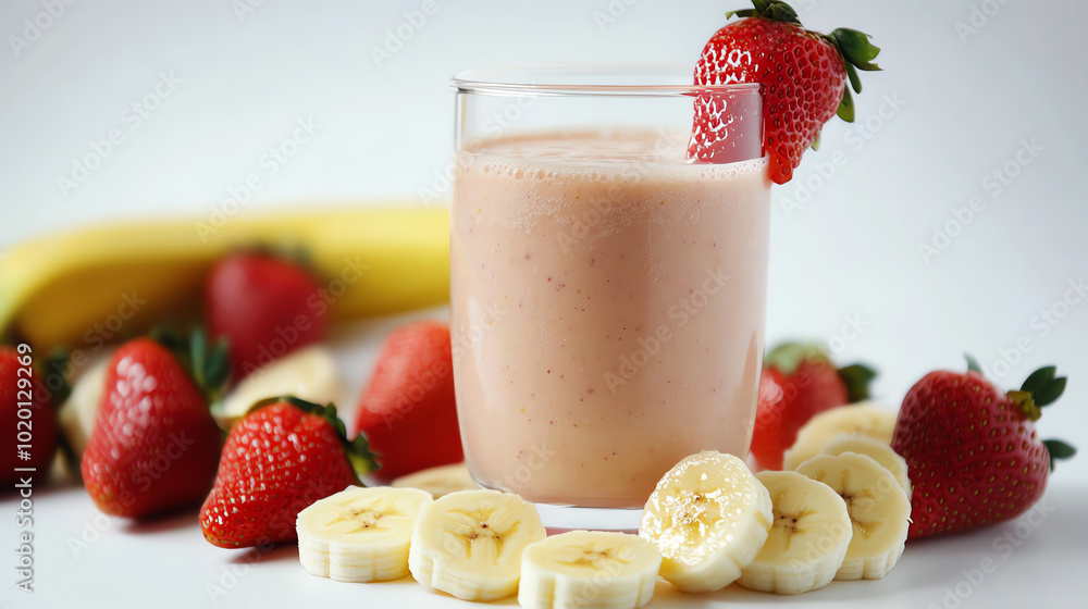 Delicious smoothie made with ripe bananas and fresh strawberries, served in a glass with fruit garnishes, on a white isolated background. Delicious smoothie made with ripe bananas and fresh strawberries, served in a glass with fruit garnishes, on a white isolated background.