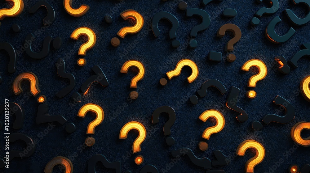 Dark blue background filled with soft-glowing question mark icons, representing problem-solving, inquiry, and the search for answers Dark blue background filled with soft-glowing question mark icons, representing problem-solving, inquiry, and the search for answers