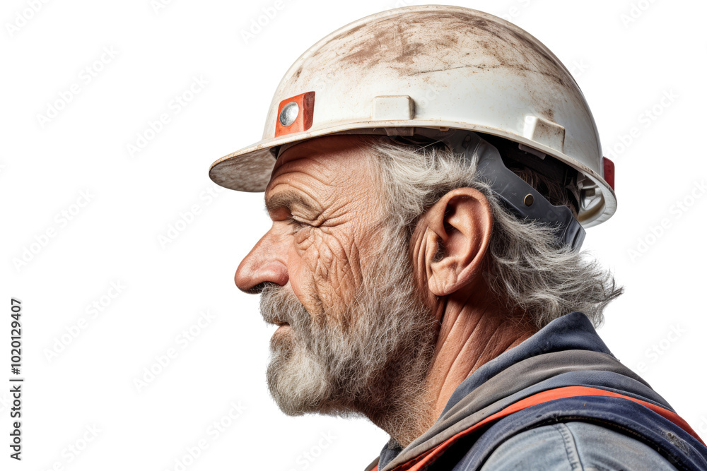 Fototapeta premium Portrait of an experienced construction worker wearing a hard hat, showcasing determination and commitment to his craft.