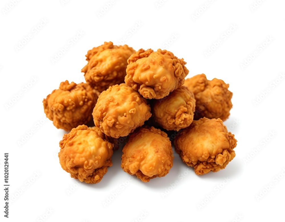 A pile of golden brown breaded and fried chicken nuggets or bites on a white background A pile of golden brown breaded and fried chicken nuggets or bites on a white background