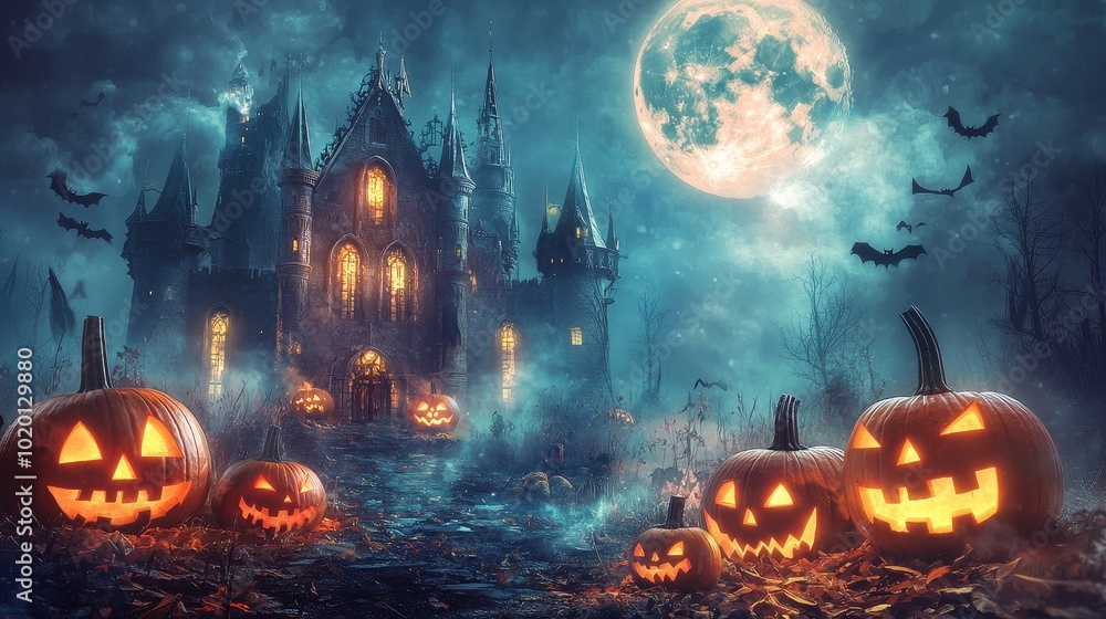 Haunting Night at the Spooky Castle: A Mystical Encounter with Jack-o'-Lanterns and Bat-filled Skies Haunting Night at the Spooky Castle: A Mystical Encounter with Jack-o'-Lanterns and Bat-filled Skies