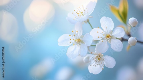 Delicate cherry blossoms against a soft blue gradient background, evoking a peaceful and airy springtime feeling.