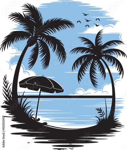 Beach scene with palm and umbrella  silhouette