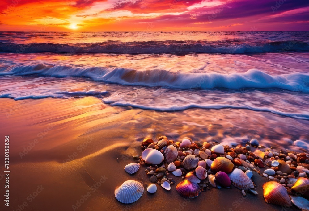 Obraz premium stunning beach sunset horizon showcasing rich vibrant colors merging blue captivating coastal scene, orange, pink, purple, golden, ocean, sky, clouds