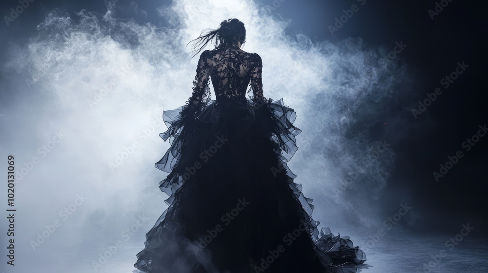 Enchanting Gothic Glamour: Model in Dramatic Ruffled Gown on Halloween Runway Enchanting Gothic Glamour: Model in Dramatic Ruffled Gown on Halloween Runway
