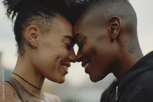 Two individuals share an intimate, joyful moment, touching foreheads and smiling, highlighting themes of connection, affection, and warmth, captured in natural lighting.