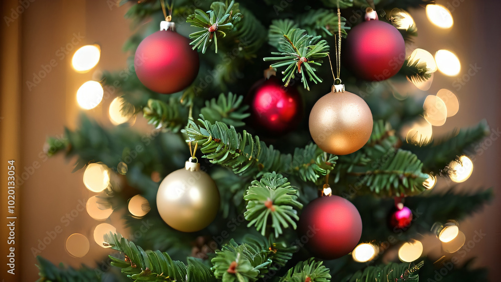 Christmas Tree With Baubles And Blurred Shiny Lights Christmas Tree With Baubles And Blurred Shiny Lights