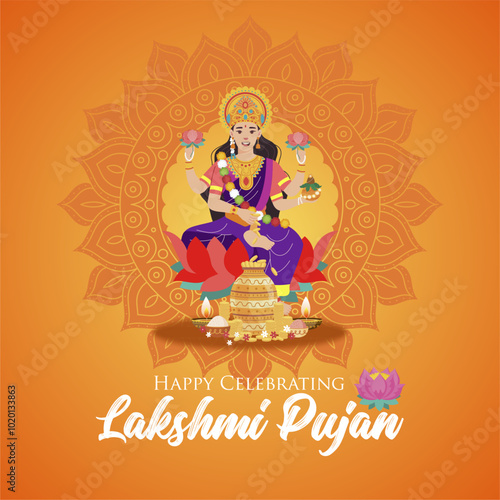 Indian Diwali Festival 2024 Happy Lakshmi Puja Ceremony Greeting with Lakshmi Goddess Illustration and Golden Coins. Laxmi  the Goddess of Prosperity Vector Illustration. 