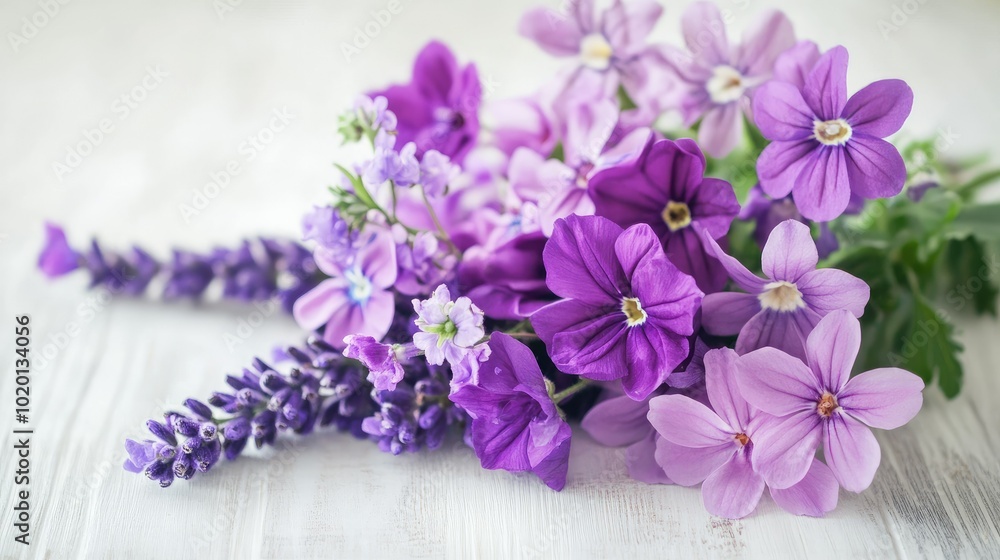 Elegant bunch of purple flowers arranged on a white table, simplicity meets beauty Elegant bunch of purple flowers arranged on a white table, simplicity meets beauty