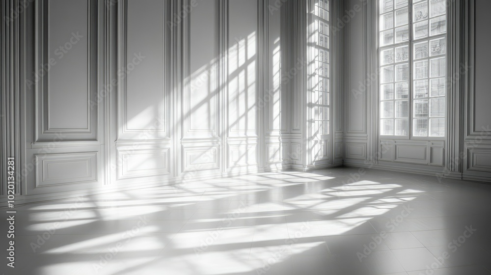 Elegant empty room with light pouring in, shadows and reflections creating a serene atmosphere Elegant empty room with light pouring in, shadows and reflections creating a serene atmosphere