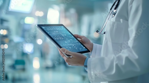 Doctor holding a digital tablet with medical data displayed on the screen photo