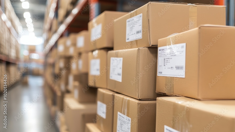 Stack of e-commerce packages in warehouse aisle. Online shopping, shipping logistics, and supply chain management concept Stack of e-commerce packages in warehouse aisle. Online shopping, shipping logistics, and supply chain management concept