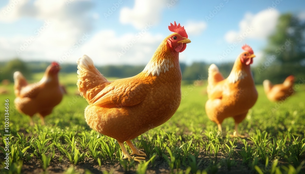 Fototapeta premium Happy Chickens in a Green Field