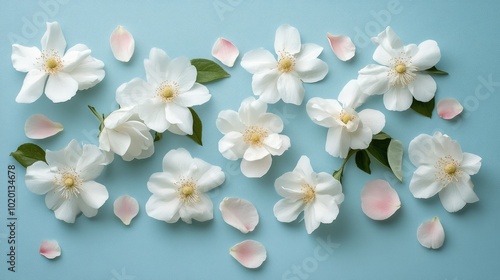 Elegant white flowers and pink petals arranged softly on a light blue backdrop, creating a delicate and peaceful design