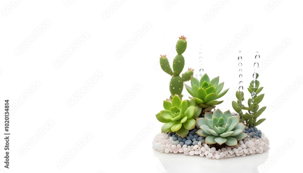 Succulent plants with water beads , against a white background Succulent plants with water beads , against a white background