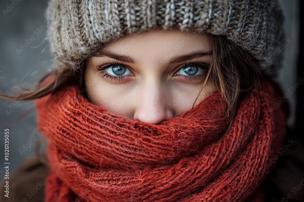 Eine attraktive Frau draußen im Winter mit Mütze und Schal Eine attraktive Frau draußen im Winter mit Mütze und Schal