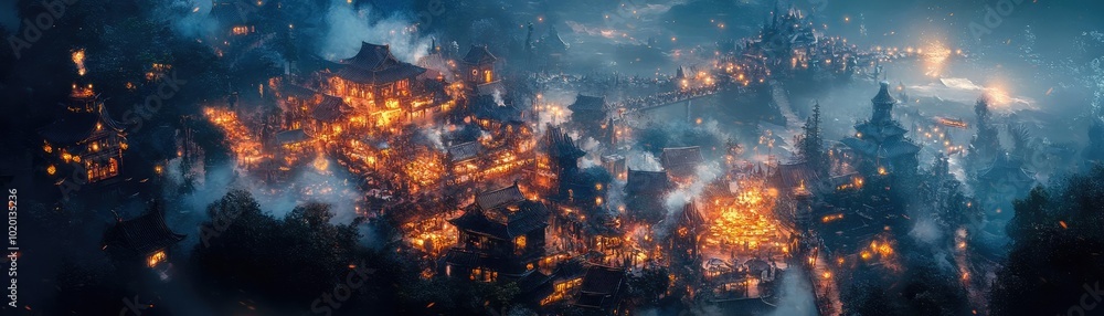Aerial view of a vibrant fantasy world, bustling with unique food markets, illuminated by ethereal lights, whimsical atmosphere Aerial view of a vibrant fantasy world, bustling with unique food markets, illuminated by ethereal lights, whimsical atmosphere