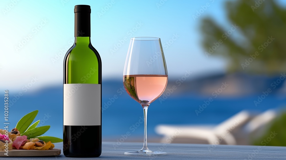 Green bottle of wine is on a table next to a wine glass. classic dark green wine bottle on an outdoor table. atmosphere is relaxed yet elegant, table without any emphasis on sea, romantic elements. Green bottle of wine is on a table next to a wine glass. classic dark green wine bottle on an outdoor table. atmosphere is relaxed yet elegant, table without any emphasis on sea, romantic elements.