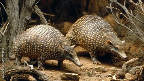 Two armadillos in a natural setting, showcasing their unique armor-like shells.